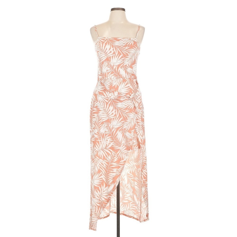 No Boundaries Strapless Peach Leaf Print Dress